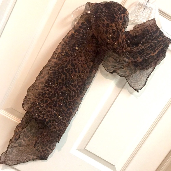 Leopard Print Sheer Scarf with gold accents - Picture 4 of 4